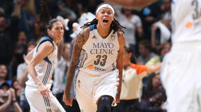 Seimone Augustus celebrates on the court when playing for the Minnesota Lynx.